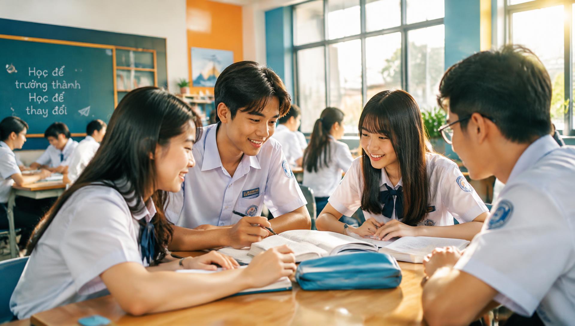 Học sinh THPT cùng học và trao đổi trong lớp